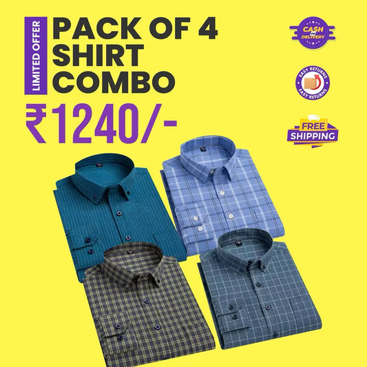 पुरुषों की चेकर पैटर्न वाली प्रीमियम कॉटन शर्ट का 4 का पैक