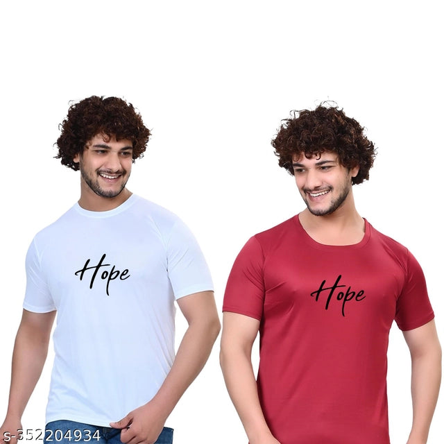 Round Neck Printed T-Shirt for Men (White & Maroon, S) (Pack of 2)