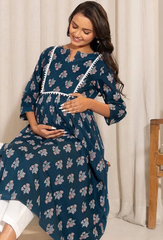 Floral Printed Notch Neck A-Line Maternity Kurta
